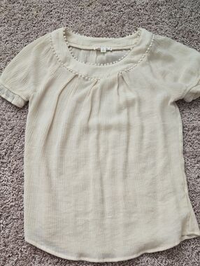Cream Short Sleeve Textured Blouse with Bead Trim